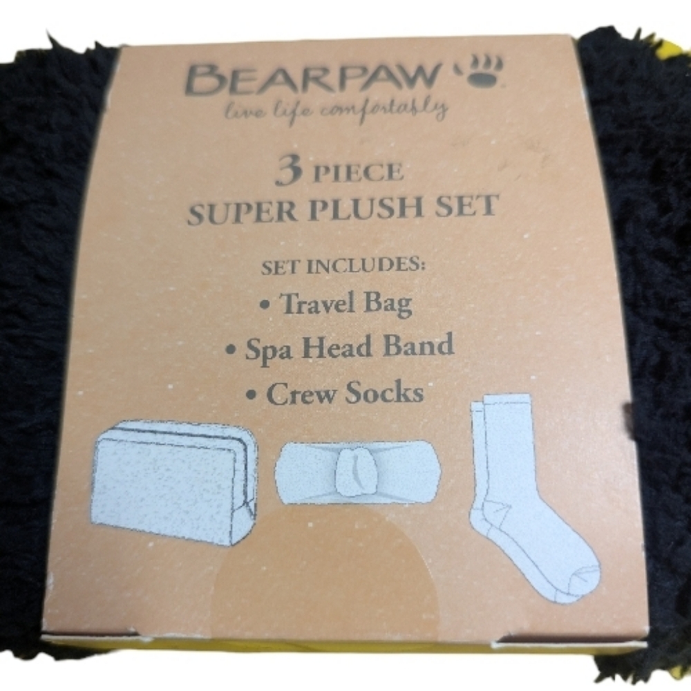 BearPaw Plush Travel Set Socks Spa Headband Black 3 Pc - Picture 3 of 5